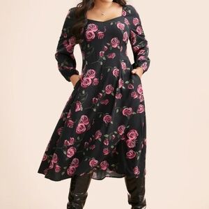 Black Floral Midi Dress with Pink Rose Print